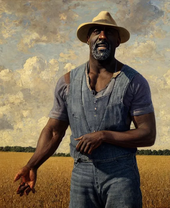 Image similar to portrait of idris elba as a kansas farmer, art by denys tsiperko and bogdan rezunenko and thomas eakins, hyperrealism