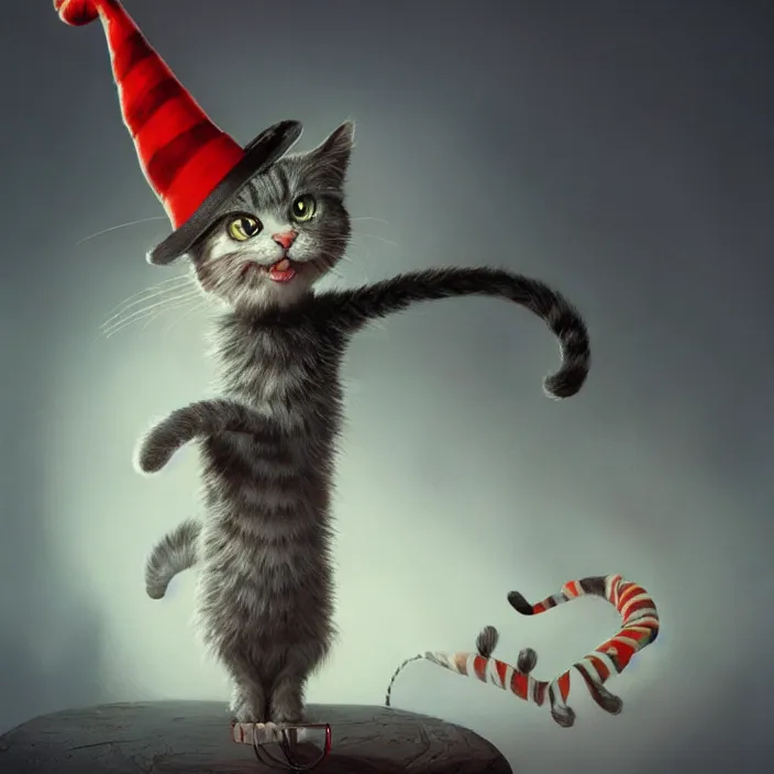 Image similar to complex 3 d render, hyper detailed, ultra sharp, of the cat in the hat, scary, cinematic, natural soft light, rim light, art by greg rutkowski and artgerm and moebius, dr seuss