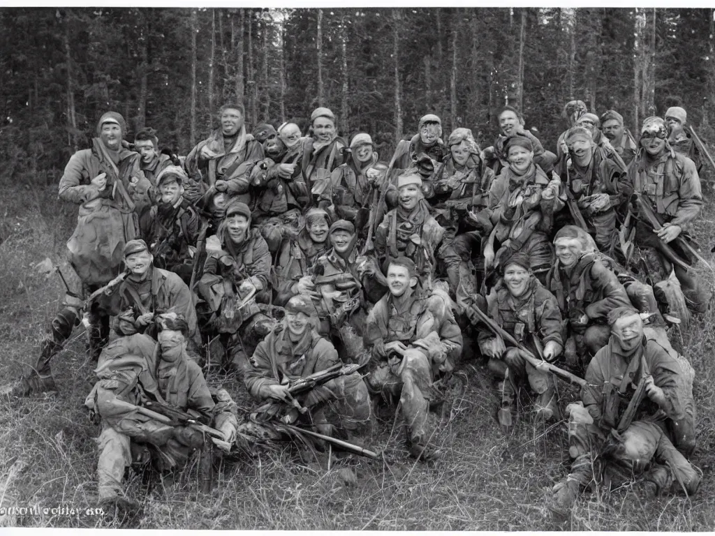 Image similar to happy group of finnish men with rifles preparing for a moose hunt and smiling to the camera, 1 9 6 6, home album pocket camera photo, detailed facial features, hyper realistic