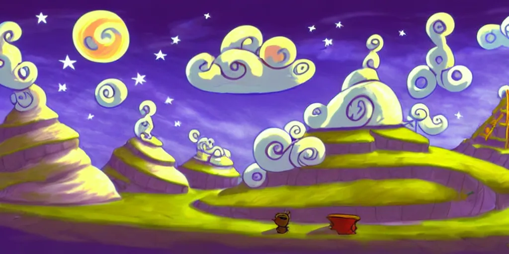 Image similar to night chubby cartoon concept art, spiral clouds, from sam and max