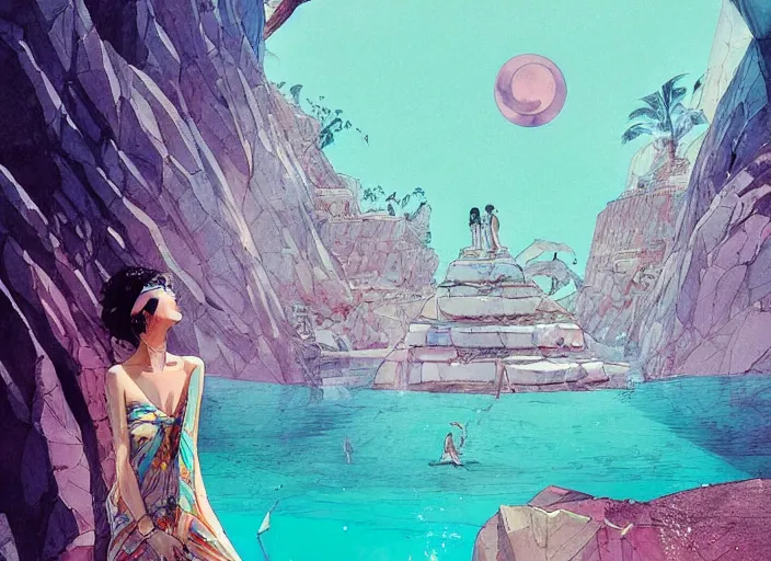 Image similar to lee jin - eun in luxurious dress emerging from turquoise water in egyptian pyramid city during an eclipse by conrad roset, m. k. kaluta, martine johanna, rule of thirds, elegant look, beautiful, chic