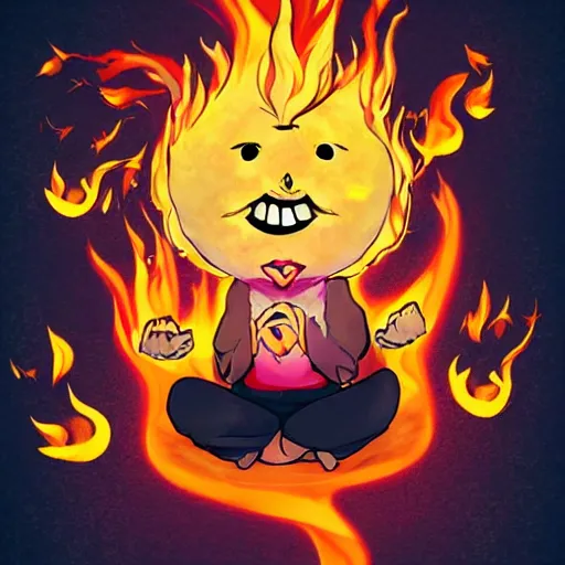 Prompt: fluffy strange popcorn elemental spirit anime character with a smiling face and flames for hair, sitting on a lotus flower, clean composition, symmetrical