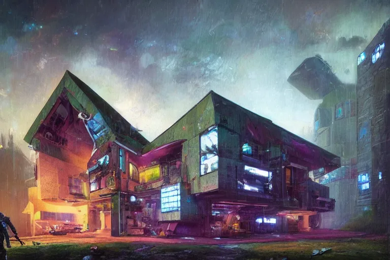 Image similar to cyberpunk, an estate agent listing photo, external view of a 5 bedroom detached countryside house in the UK, by Paul Lehr