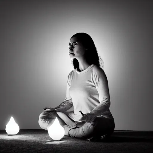 Prompt: woman facing camera meditating, dramatic lighting, lumiere