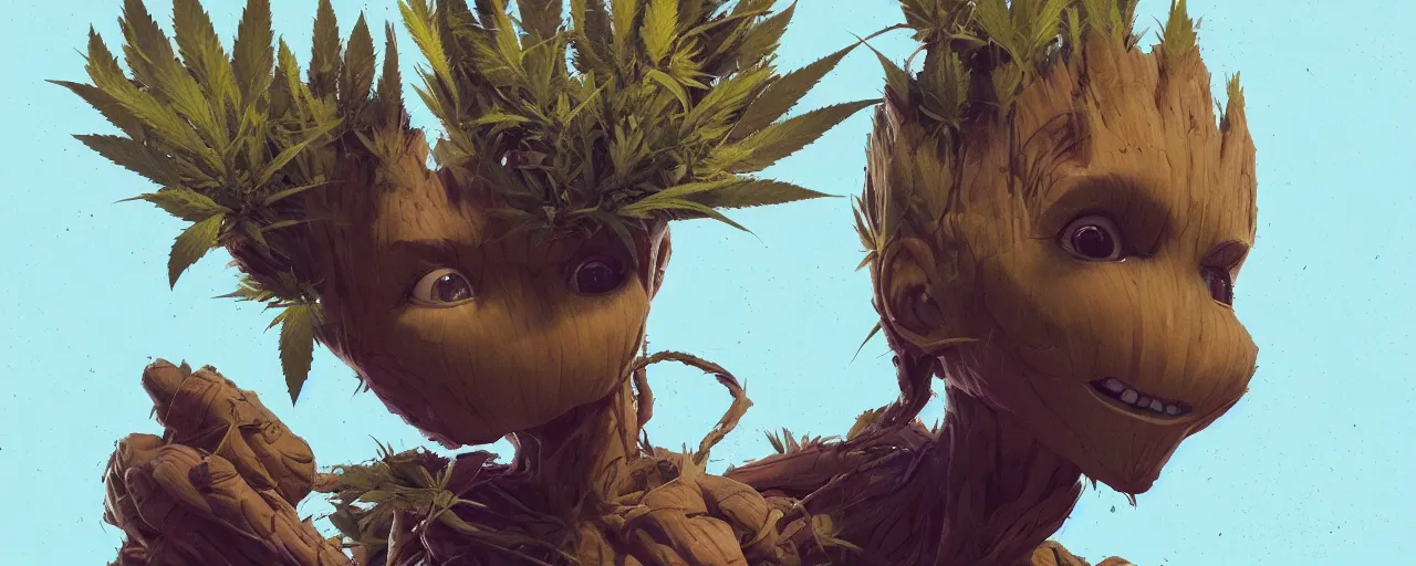 Image similar to duotone concept illustration 3 / 4 portrait of baby groot wearing cannabis hat, hemp, marijuana!, cinematic volumentric lighting, jim cheung, david marquez, mike deodato jr, ilya kuvshinov, makoto shinka, behance hd by jesper ejsing, by rhads, hyper detailed, octane render, concept art, artstation