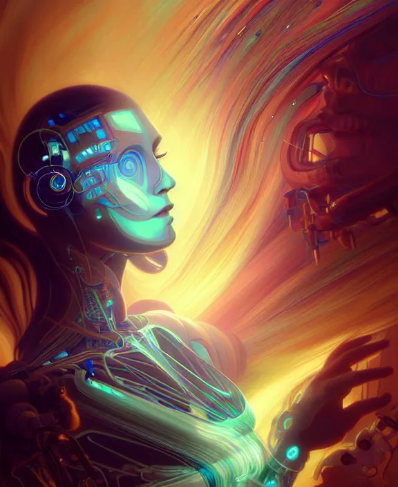 Image similar to a whirlwind of souls rushing inside the metaverse, hologram, half body, neurochip, shaved temple, piercing, jewelry, android, cyborg, cyberpunk face, by loish, d & d, fantasy, intricate, elegant, highly detailed, colorful, digital painting, artstation, concept art, art by artgerm and greg rutkowski and alphonse mucha