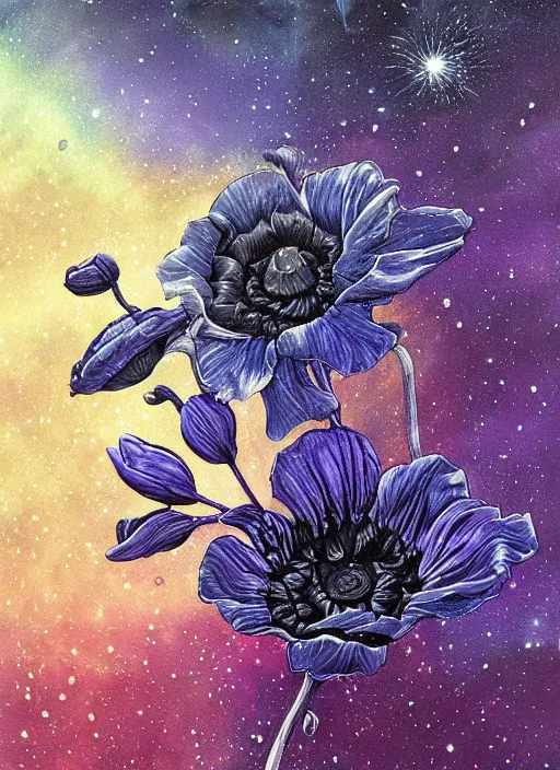 Image similar to detailed, intricate blue black and purple papaverum flower on the field, nebula, galaxy in the sky, winning award masterpiece, fantastically beautiful, illustration, aestheticly inspired dan mumford, upscale with anguissola sofonisba work, artstation, 8 k