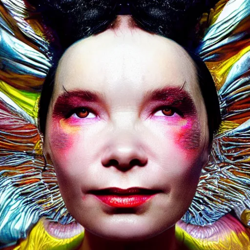 Image similar to photography facial portrait of bjork, natural background,. natural pose, wearing stunning cloth by iris _ van _ herpen, with a colorfull makeup. highly detailed, skin grain detail, photography by paolo roversi, nick knight, helmut newton, avedon, araki
