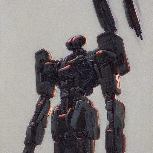 Image similar to a sleek, futuristic mecha defending the city, designed by hideaki anno, drawn by tsutomu nihei, and painted by zdzislaw beksinski