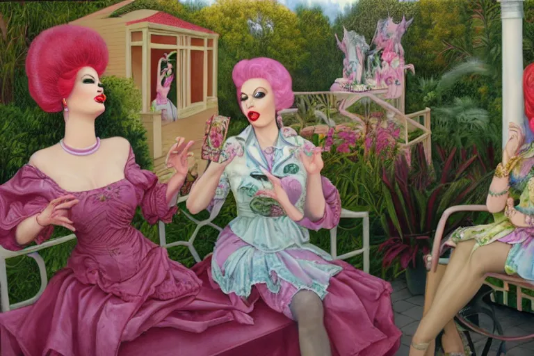 Image similar to Angelyne and martina bigg share stories on the veranda, painted by mark ryden