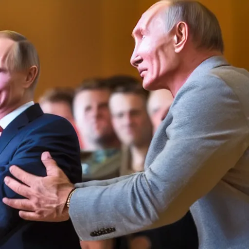 Prompt: telephoto candid cropped photo of billy herrington shakштп hands with vladimir putin, press conference, zeiss 1 5 0 mm, sharp focus, natural lighting, ultra realistic, high definition 4 k photo