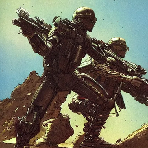 Image similar to futuristic doppelsoldner in combat by James Gurney and moebius.