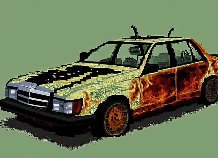 Prompt: burning wrecked mercedes 1 2 4, pixelart by kirokaze, award winning. dramatic. trending on artstation. 8 k