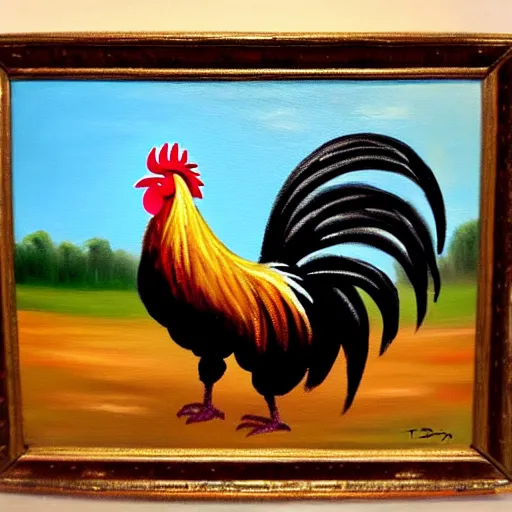 Prompt: oil painting of a rooster riding a motorcycle