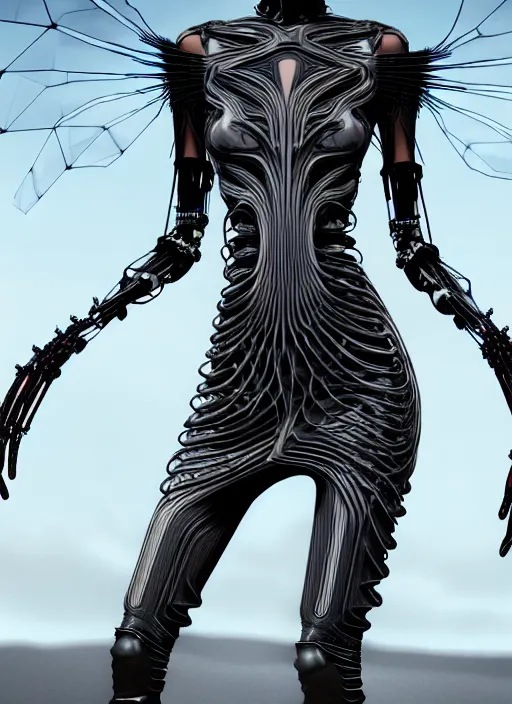 Image similar to desert, catwalk, iris van herpen gothic inflateble dark dress, perfect symmetrical body, helmet on face, full body shot, inflateble shapes, wires, tubes, veins, jellyfish, white biomechanical details, wearing epic bionic cyborg implants, masterpiece, intricate, biopunk, vogue, highly detailed, artstation, concept art, cyberpunk, octane render