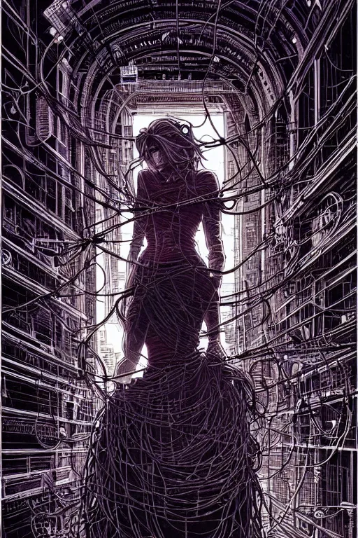 Prompt: dreamy cyberpunk girl, wires and electricity, beautiful, epic grunge, intricate complexity, by dan mumford and by alberto giacometti, arthur rackham
