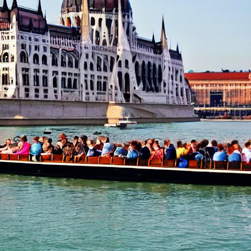 Prompt: nerds laughing on a boat in Budapest with a live band in the background