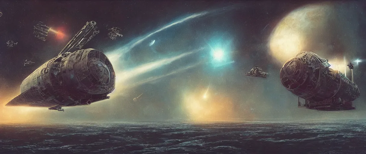 Image similar to lone industrial!!! spaceship!!, deep space exploration!!!, flying, ridley scott universe, the final frontier, illustrative!!, punk, painterly, hyperdetailed, hyperrealistic, utilitarian cargo ship, cinematic lighting, 4k, wide angle, beksinski, (neon colors)