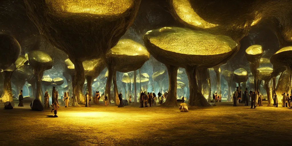 Prompt: Photorealistic exterior of a minimalist design mosque in giant glowing mushroom underworld dark cave, with domes and arches, people and androids wearing traditional japanese clothing. photorealism, UHD, amazing depth, glowing, golden ratio, 3D octane cycle unreal engine 5, volumetric lighting, cinematic lighting, cgstation artstation concept art