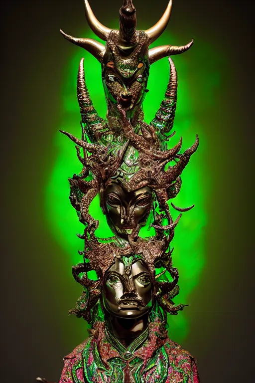 Image similar to metallic emerald carved statue of horned persian sacred demon goddess, sculpture with metallic polished intricated surfaxe, dressed with a colorful torn silk cloak, made by antonio corradini, and dug stanat macabre art, dark surrealism, epic and cinematic view, volummetric light, texturized, detailed, 8 k