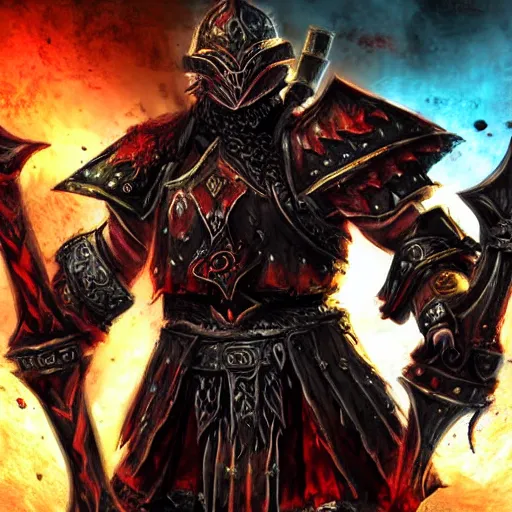 Prompt: chaos warrior with heavy armor and sword, heavy knight helmet, dark sword in hand, war theme, bloodbath battlefield, fiery battle coloring, hearthstone art style, epic fantasy style art, fantasy epic digital art, epic fantasy card game art