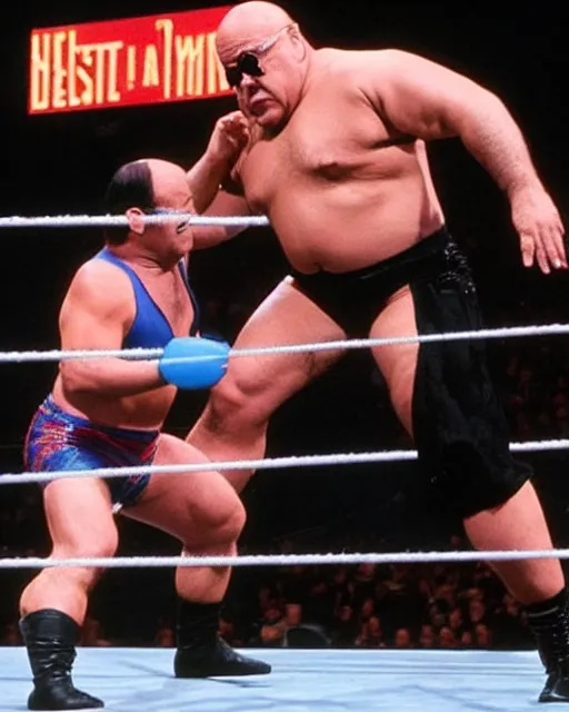 Image similar to danny devito as a wwe wrestler. photographic, photography