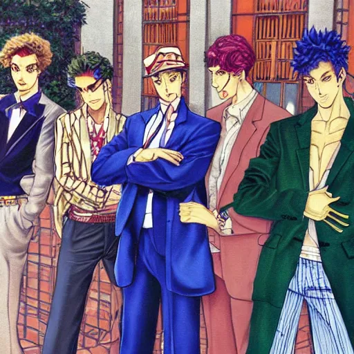 Image similar to a beautiful painting of four well dressed men posing for a picture on a city street by hirohiko araki, detailed line art, jojos bizarre adventure