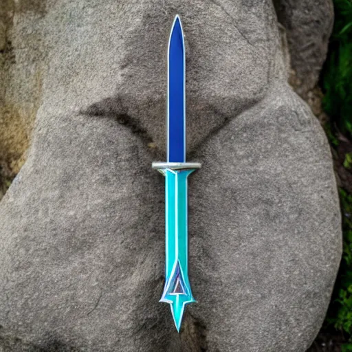 Image similar to legend of zelda master sword stuck in a stone, wide angle view