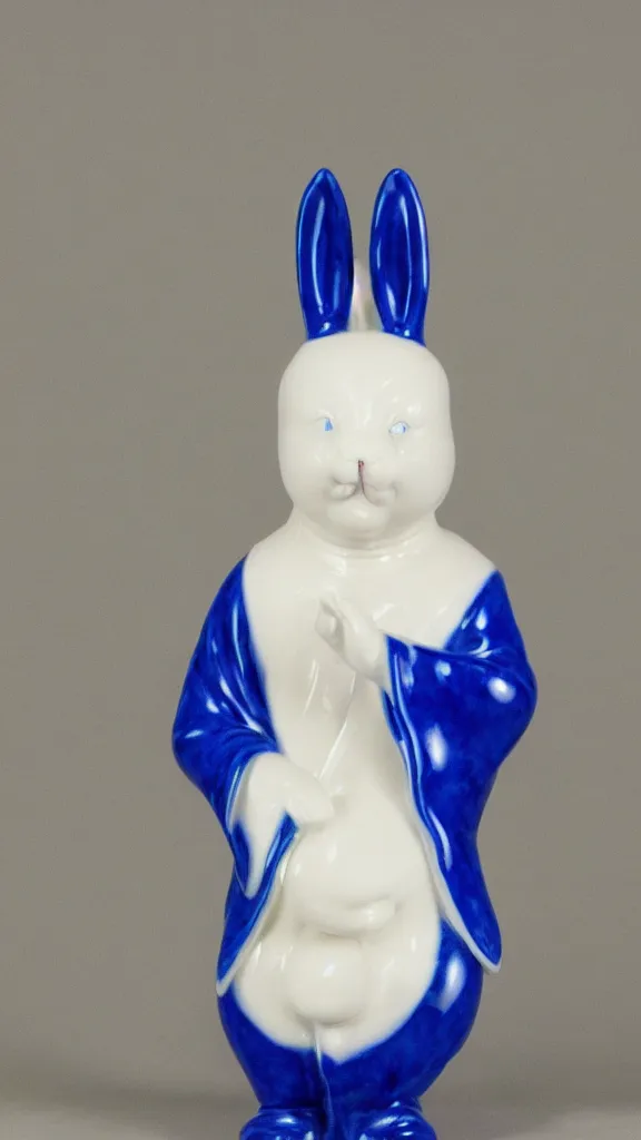 Image similar to porcelain rabbit head budda statue with blue details having a japanese kiseru in hand painted by john singer sargent