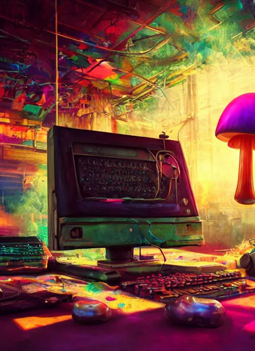 Image similar to A realistic painting of a vintage computer, with a psychedelic mushroom on the screen, in a post apocalyptic setting, unreal 5, DAZ, hyperrealistic, octane render, RPG portrai5t, dynamic lighting