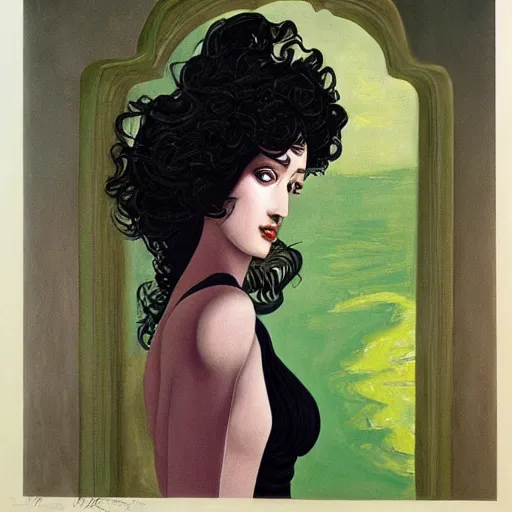 Image similar to oil painting of a portrait of a Queen dark curly hair, fair skin, by Patrick Nagel, by Georgia O Keeffe, by Yoshitaka Amano, by Gustave Moreau, art deco, matte drawing, storybook illustration, tonalism, realism