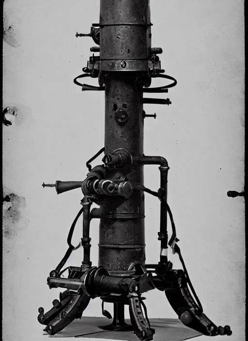 Image similar to 1 8 8 5 photo of a steampowered riveted turret from portal 2, gatling gun, daguerrotype, high quality