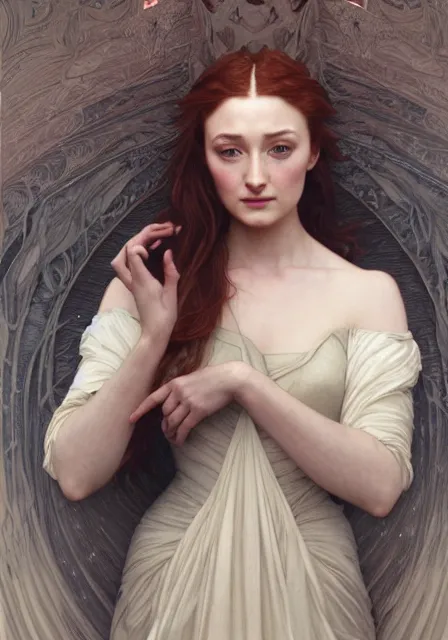 Image similar to portrait of pretty sansa stark, intricate, elegant, highly detailed, digital painting, artstation, concept art, smooth, sharp focus, illustration, art by artgerm and greg rutkowski and alphonse mucha and william - adolphe bouguereau