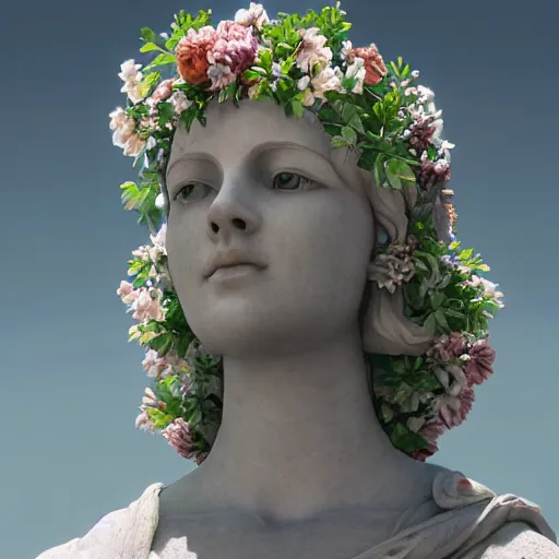 Image similar to a marble statue covered in flowers, full frame, cinematic light , unreal engine,