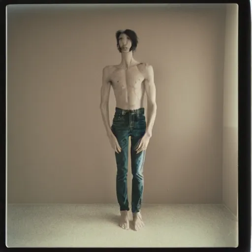 Image similar to skinny man stretches his arms in a lonely room, concrete walls, gray carpet on the floor, polaroid photo