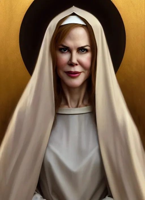 Image similar to portrait of nicole kidman as a nun, catholic, church, bible, christian, intrigante, headshot, highly detailed, digital painting, artstation, concept art, sharp focus, cinematic lighting, illustration, art by artgerm and greg rutkowski, alphonse mucha, cgsociety