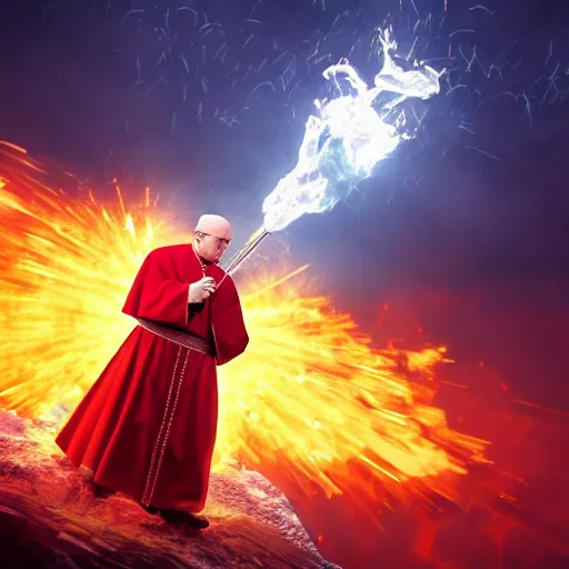 Image similar to Pope John Paul 2 rips fat bong during Arctic bloody sunset, eteric rainbow blazingly glowing fireballs flying around him in circles, high quality, digital painting, high detail, dynamic pose, octane render, hyper realism, cinematic