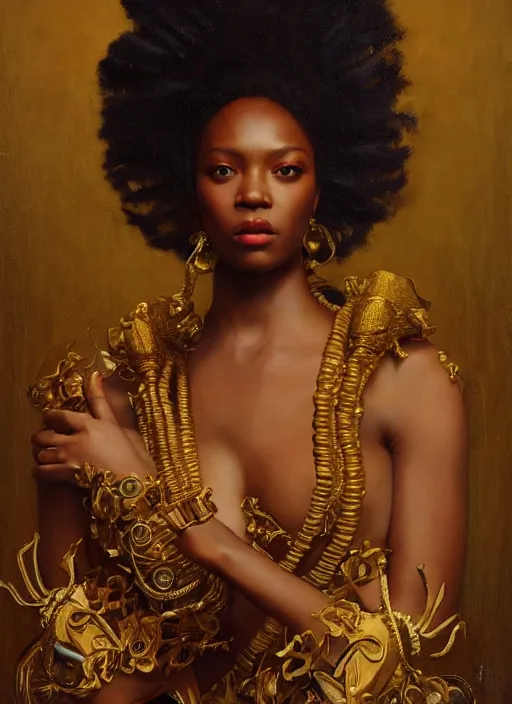 Prompt: highly detailed oil painting | very intricate | cinematic lighting | award - winning | yoruba fashion by alexander mcqueen | by roberto ferri, by tom bagshaw, by j. c. leyendecker and klimt, american romanticism, by austin osman spare, artstation, cgsociety, official art, octane