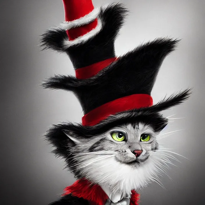 Prompt: complex 3 d render, hyper detailed, ultra sharp, christopher walken as cat in the hat, scary, cute, cinematic, head and shoulders, steampunk, natural soft light, rim light, octane render, artstation, art by artgerm and greg rutkowski and alberto seveso, dr seuss