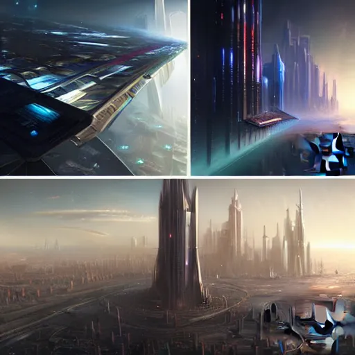 Image similar to a collage of images of a futuristic city, a detailed matte painting by john martin, cgsociety, space art, matte painting, concept art, reimagined by industrial light and magic