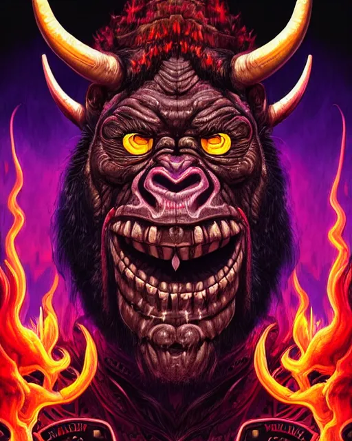 Prompt: barong family member, horns, very muscular, eyes in red fire, red smoke with purple lightning background, wiwek, mara demon, one single tribe member, jungle, one single mask, dark, ancient warrior, gorilla, lizard, inner glow, art by dan mumford and justin gerard