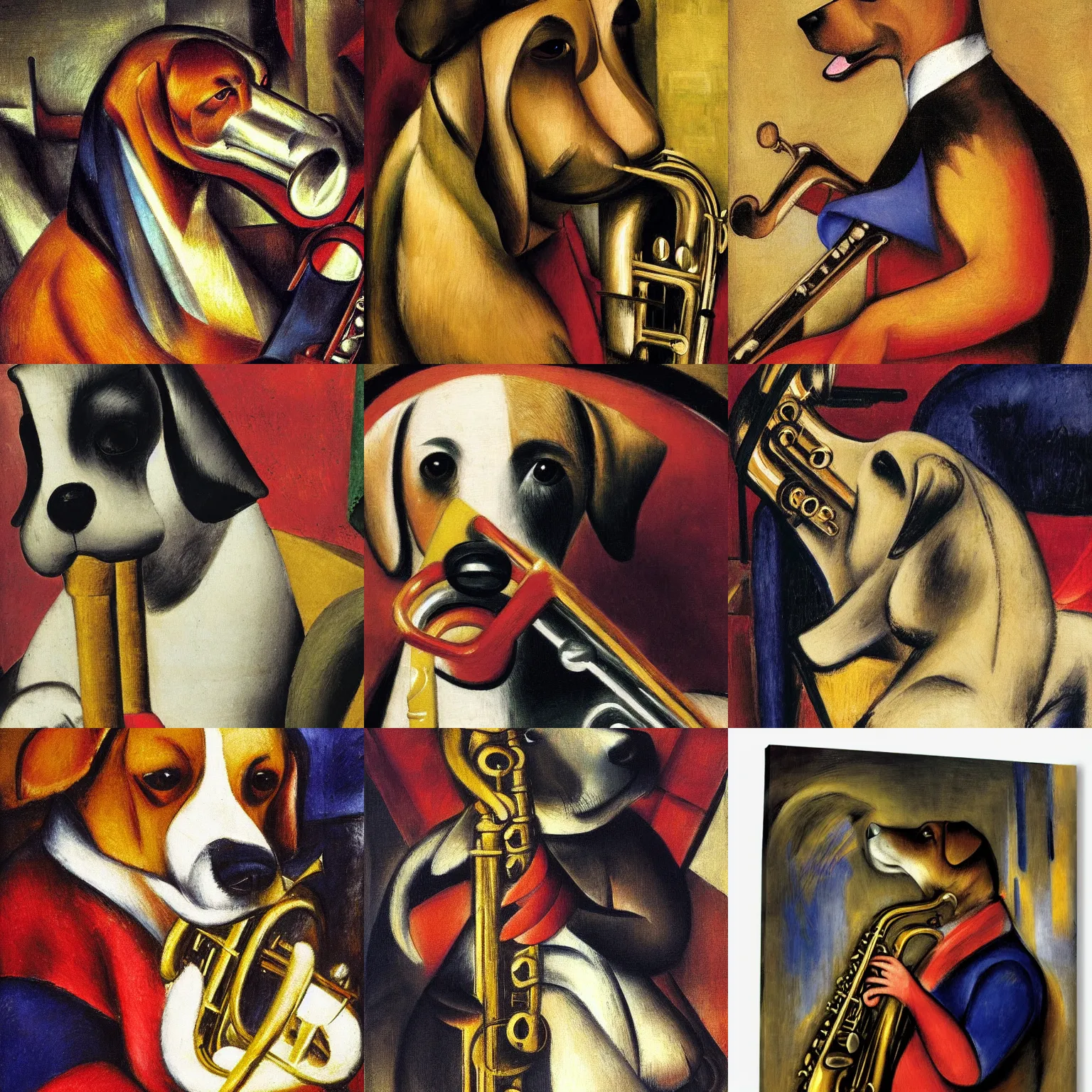 Prompt: dog playing the saxophone, sitting on the couch, medieval portrait, by franz marc, close up