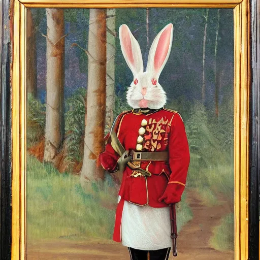 Prompt: a painting of a rabbit dressed as a Russian Imperial Soldier