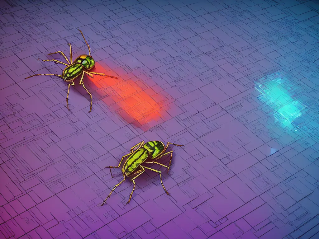 Prompt: a very cute bug crawling out of a vast 3 d landscape of jumbled computer code, hyperrealistic, 3 d, 8 k, artstation, very detailed, neon colors