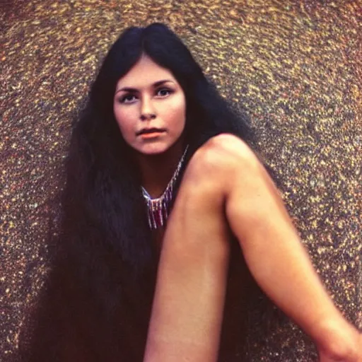 Image similar to clear photo of a beautiful and young female singer of native american descent taken in 1 9 7 6, high quality, highly detailed 7 0 s style photography, long dark hair, elegant pool, trending on pinterest, aesthetically beautiful, elegant, studio photography