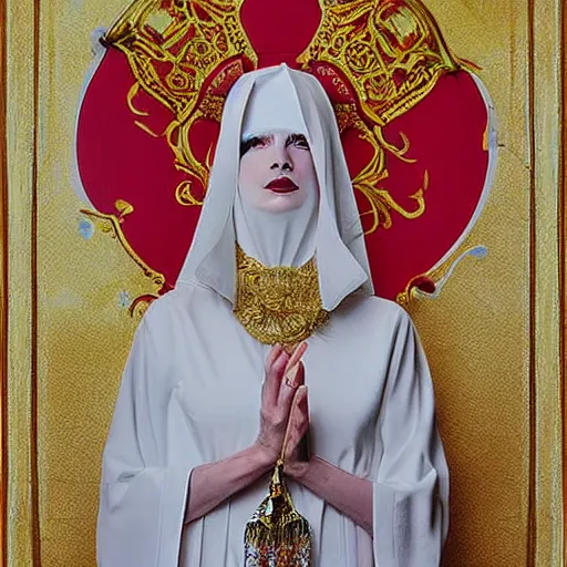 Prompt: a white pale masked priestess of the king in yellow, with a tight yellow silk robe, she wears a lot of luxury jewelry with red gems, fantasy, highly detailed, by peter morbacher