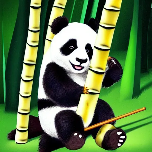 Image similar to a cute panda playing the wooden flute, in a bamboo forest. Digital art trending on art station