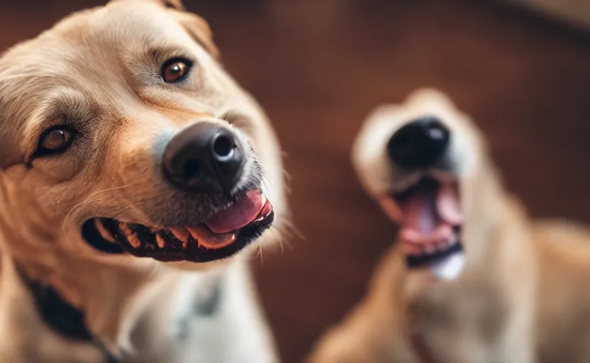 Prompt: portrait of a happy smiling dog, natural light, detailed face, cinematic lighting, 8 k