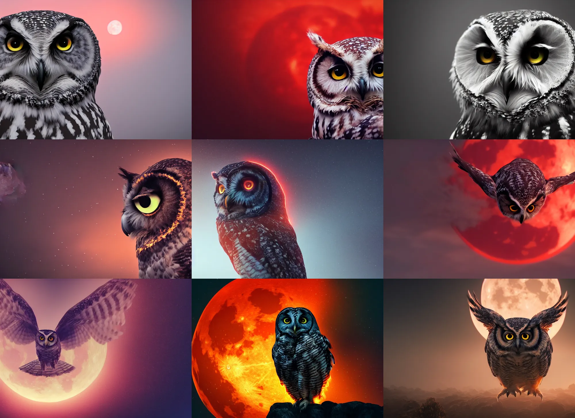 Prompt: closeup photo of an owl, intricate detail, volumetric lighting, epic composition, hyper detailed, ultra realistic, sharp focus, octane render, volumetric, ray tracing, sense of awe, swirling mist, red moon