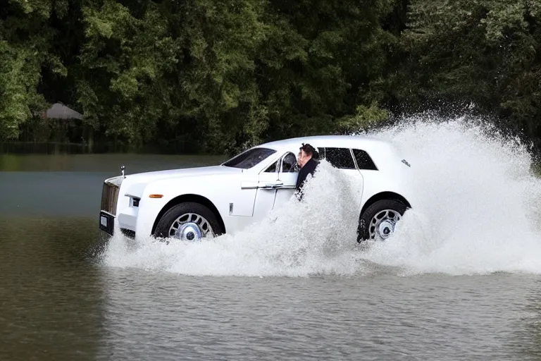 Image similar to Teenagers push Rolls-Royce into lake with their hands from a small slide wanting to drown him